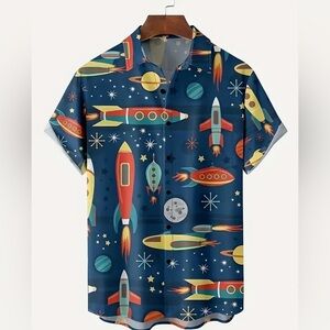 🚀 New! Bright Rocket Shirt Button Down Casual Planet Shirt w Pocket Size Medium